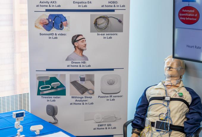 A model is set up next to banner describing technologiesAn