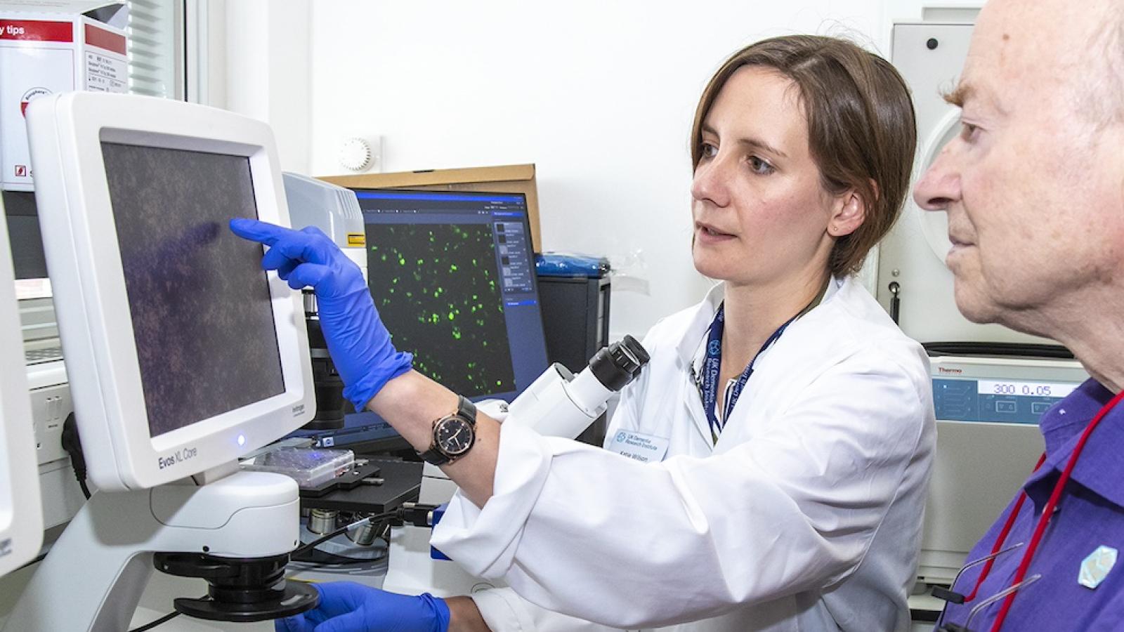 Scientists view a microscope image