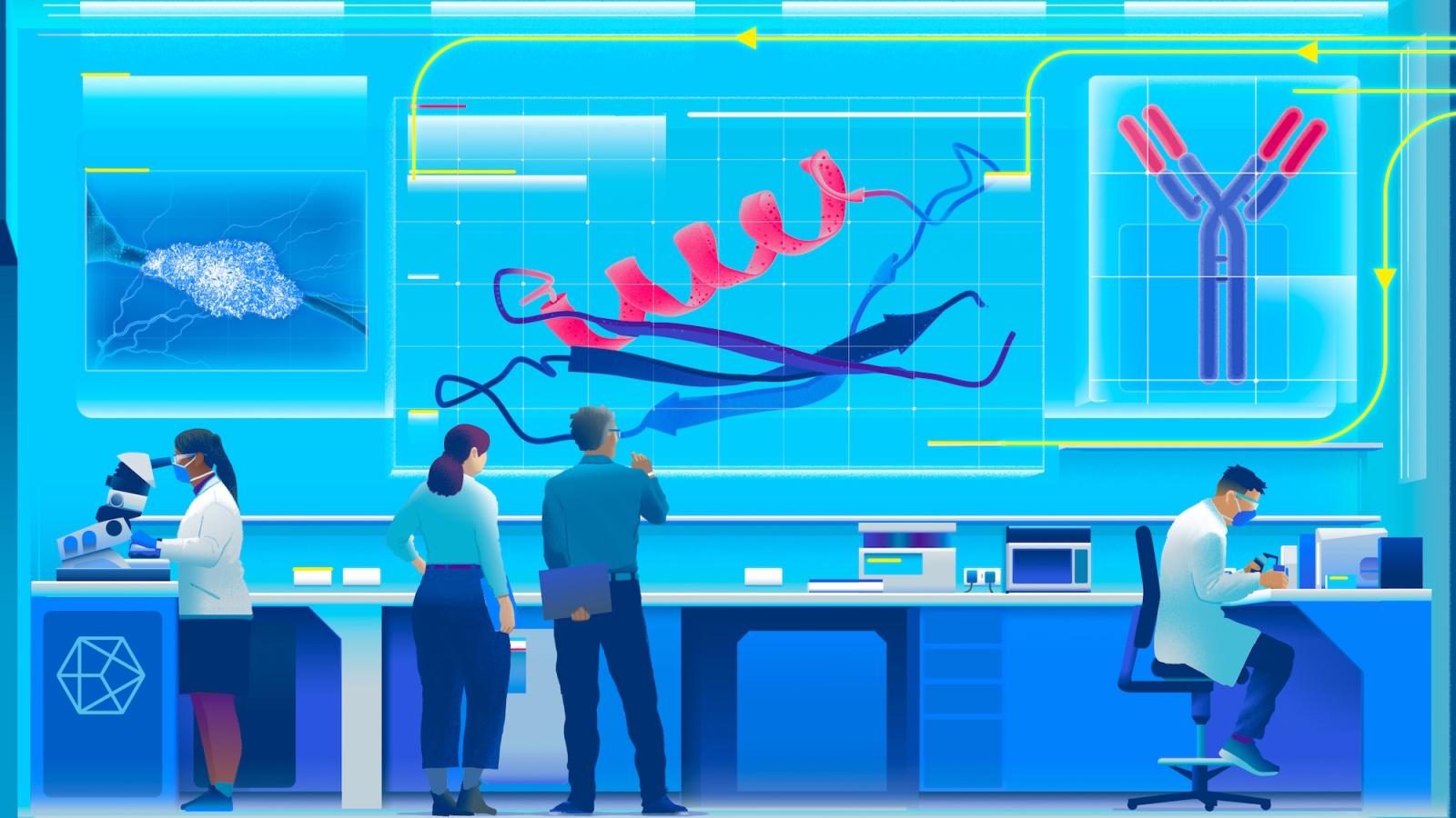An illustration of scientists looking at structure of a protein for treatments
